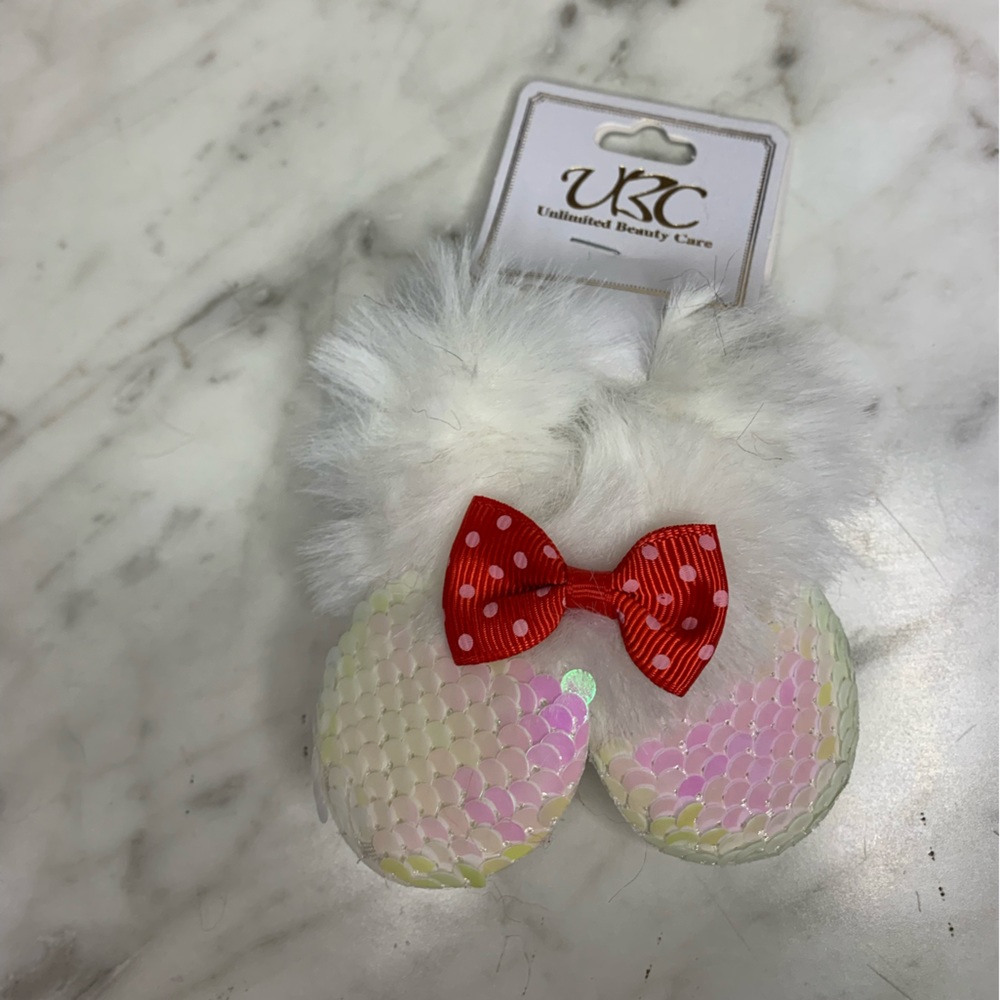 2 Piece White with Sequins Minnie Mouse Ears Fuzzy Scrunchie Set